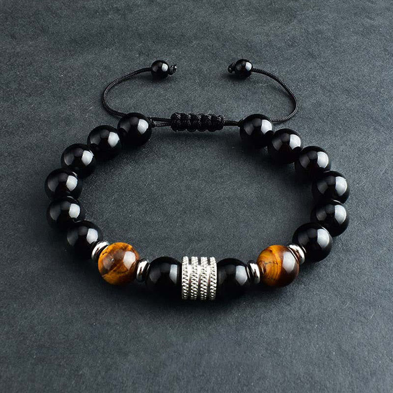 Bransoletka Buddha Stones Natural Black Obsidian Tiger Eye Strength Fulfillment - Czarny obsydian i tygrysie oko - Pleciony sznurek - image 8