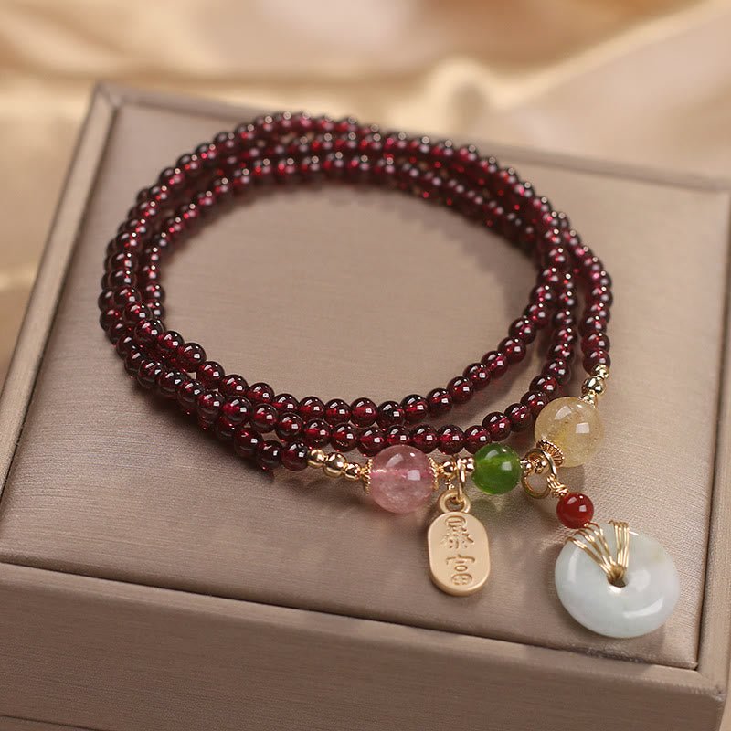 Buddha Stones Naturalny Granat Truskawkowy Kwarc Kryształ Lis Koi Ryba Pokój Klamra Fortune Ochrona Bransoletka Potrójnie Owijana