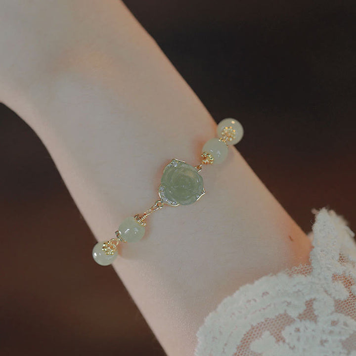 Bransoletka z łańcuszkiem szczęścia z Buddha Stones 14K pozłacana jadeitem Hetian i różą