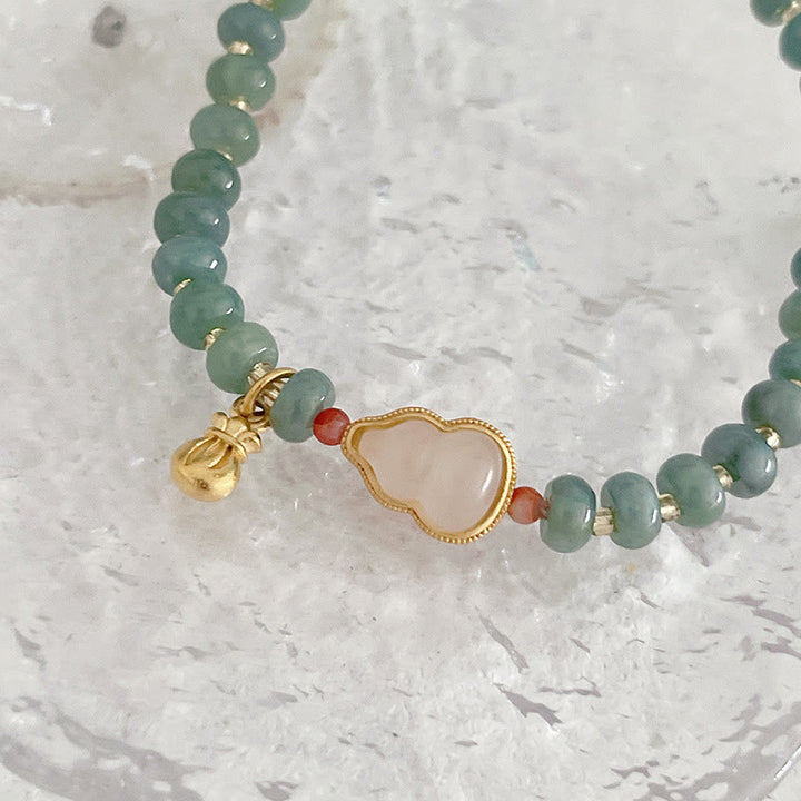 Buddha Stones Naturalne Hetian Jade Pearl Peace Buckle Fu Character Gourd Money Bag Truskawkowy Kwarc Bransoletka PiXiu Luck