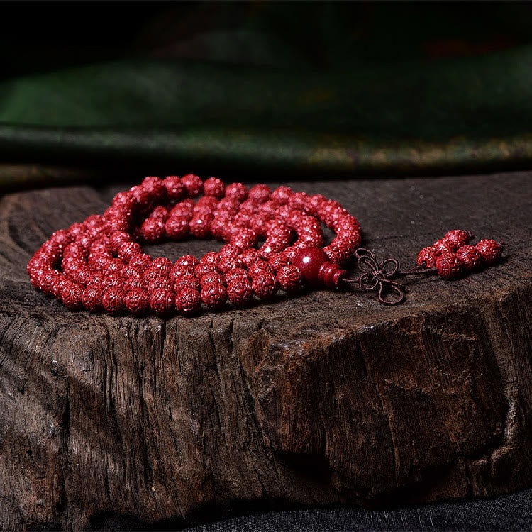 Buddha Stones 108 Mala Koraliki Cynober Om Mani Padme Hum Wzór Grawerowana Bransoletka Błogosławieństwa