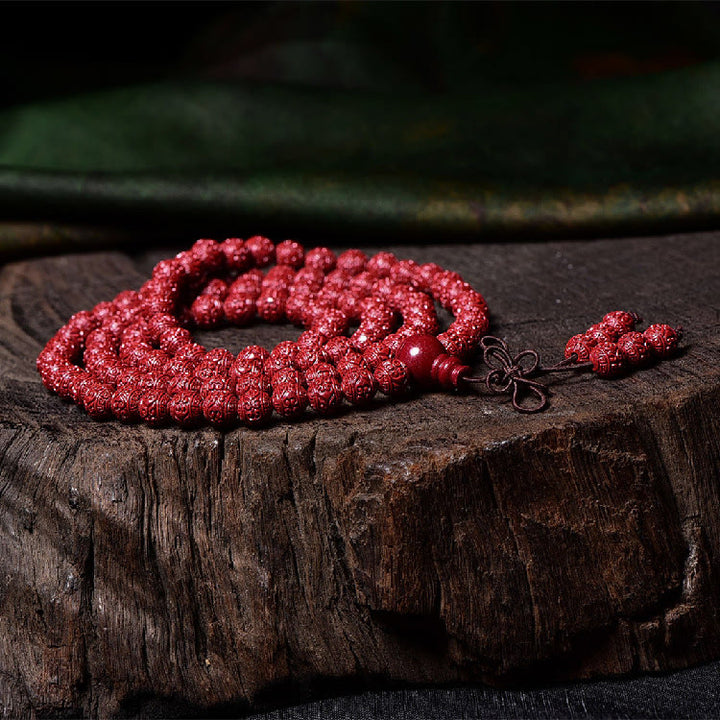 Buddha Stones 108 Mala Koraliki Cynober Om Mani Padme Hum Wzór Grawerowana Bransoletka Błogosławieństwa