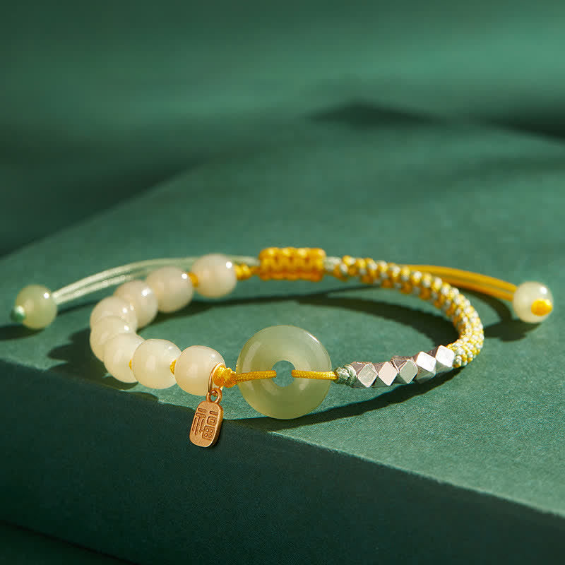 Buddha Stones 925 Srebro Sterlingowe Hetian Jade Klamra Pokoju Koralikowa Bransoletka Szczęścia Szczęścia