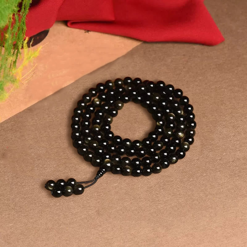 Buddha Stones 108 Mala Beads Naturalny Złoty Połysk Obsydian Bransoletka Bogactwa