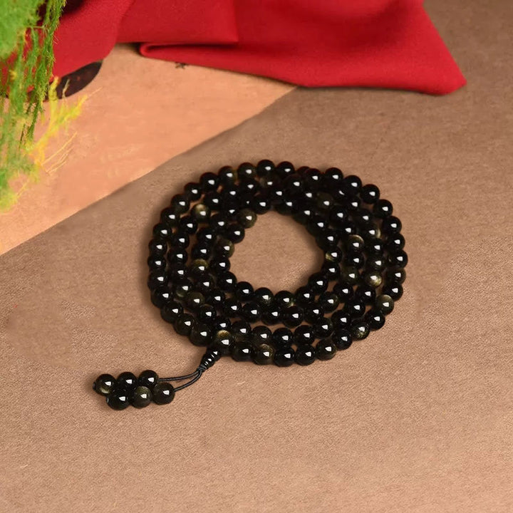 Buddha Stones 108 Mala Beads Naturalny Złoty Połysk Obsydian Bransoletka Bogactwa
