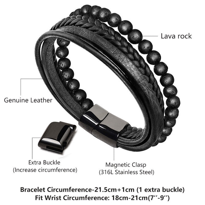 Bransoletka skórzana z Buddha Stones Natural Lava Rock Black Onyx Bead