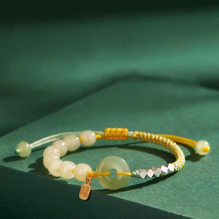 Buddha Stones 925 Srebro Sterlingowe Hetian Jade Klamra Pokoju Koralikowa Bransoletka Szczęścia Szczęścia