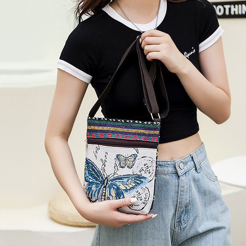 Buddha Stones Słoń Motyl Haftowana Płócienna Torba Tote Torba Na Ramię Torba Crossbody