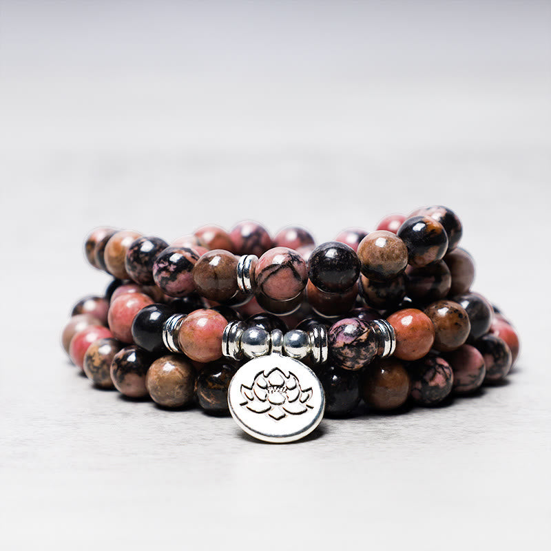 Buddha Stones 108 Koralików Mala Rodonit Lotos Współczucie Bransoletka Energetyczna