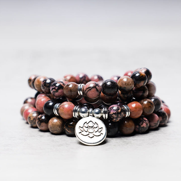 Buddha Stones 108 Koralików Mala Rodonit Lotos Współczucie Bransoletka Energetyczna