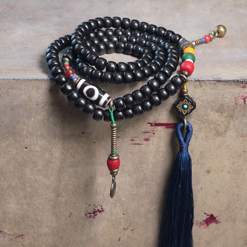 Buddha Stones 108 Koraliki Mala Ebony Drewno Dzi Koralik Miedź Równowaga Tassel Bransoletka