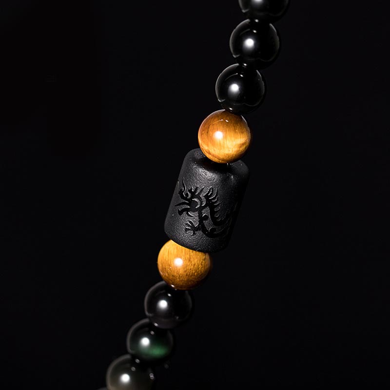 Buddha Stones Naturalny Czarny Obsydian Tęczowy Obsydian Tykwa Błogosławieństwo Bransoletka Mala