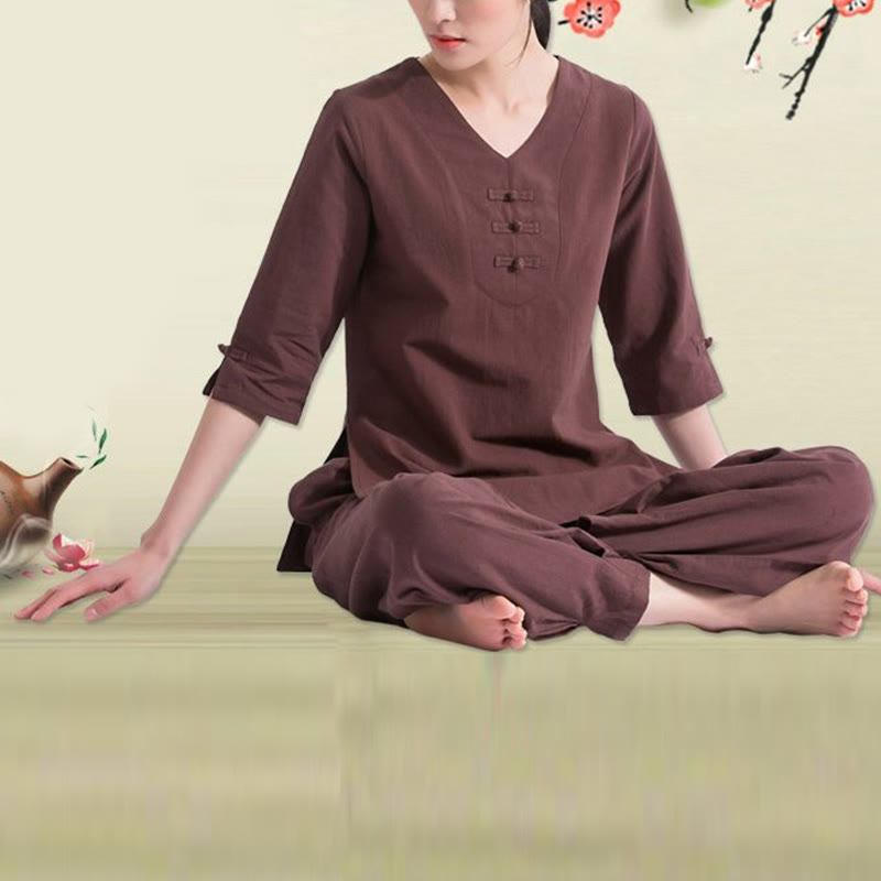 Buddha Stones Joga Medytacja Modlitwa Dekolt w serek Projekt Bawełna Len Odzież Jednolita Praktyka Zen Zestaw Damski