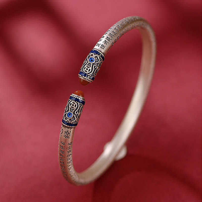 Buddha Stones 999 Srebro Sterlingowe Sutra Serca Grawerowana Czerwona Agatowa Bransoletka Ochronna Bangle - image 3