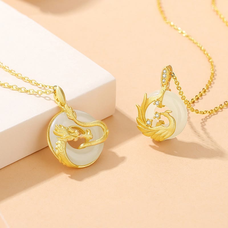 Buddha Stones 925 Srebro Sterling Rok Smoka Hetian Jade Złoty Smok Feniks Klamra Pokoju Naszyjnik Szczęścia Wisiorek - image 1