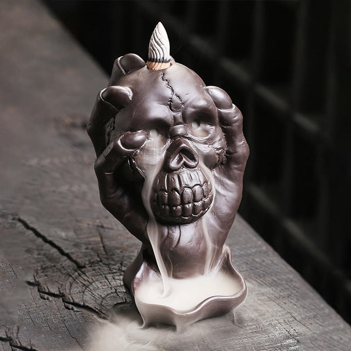 Buddha Stones Halloween Czaszka Z Dłonią Ducha Fioletowa Glina Duchowy Kadzielnica Dekoracja