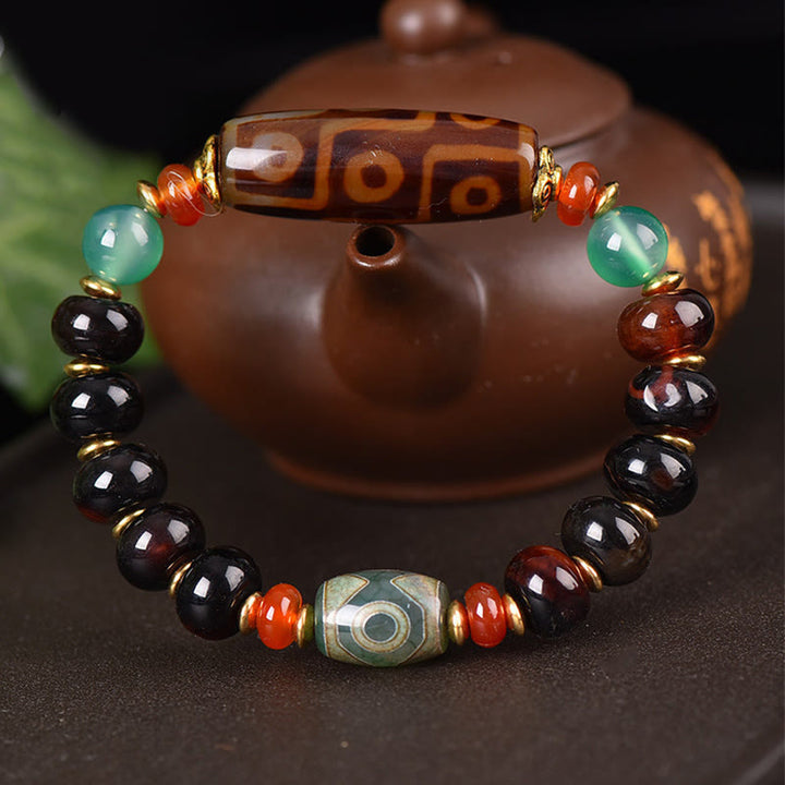 Buddha Stones Tybetańskie Naturalne Dziewięciooczne Koraliki Dzi Bransoletka Ochronna z Trójocznymi Koralikami Dzi