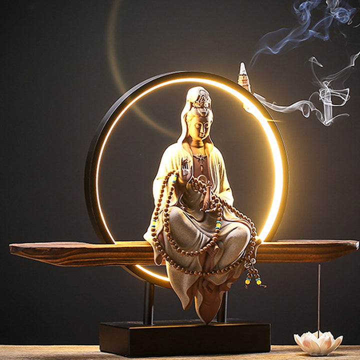 Buddha Stones Budda Awalokiteśwara Ceramiczny Lotos Relaksacyjny Kadzielnica Dekoracja
