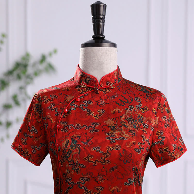 Buddha Stones Vintage Pomyślne Chmury Liście Drukuj Cheongsam Sukienka Damska Qipao