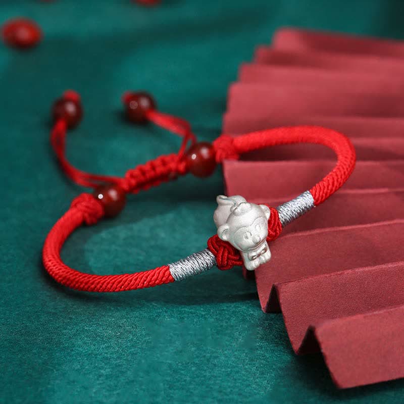 Buddha Stones 999 Srebro Sterling Chiński Zodiak Szczęście Siła Bransoletka z Czerwonego Sznurka