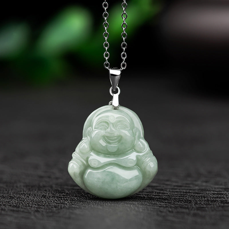 Naszyjnik z Buddha Stones z jadeitu, błogosławieństwem i śmiejącym się Buddą, wykonany ze stali tytanowej - Naturalny jadeit (kolor może się różnić) - image 0