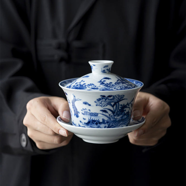 Buddha Stones Niebieskie I Białe Porcelany Lotos Ryba Koi Taniec Lwa Arbuz Ceramiczny Gaiwan Sancai Filiżanka Kung Fu Filiżanka I Spodek Z Pokrywką 300 ml