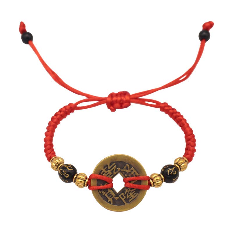 Bransoletka z czerwonego sznurka z miedzianymi monetami Buddha Stones
