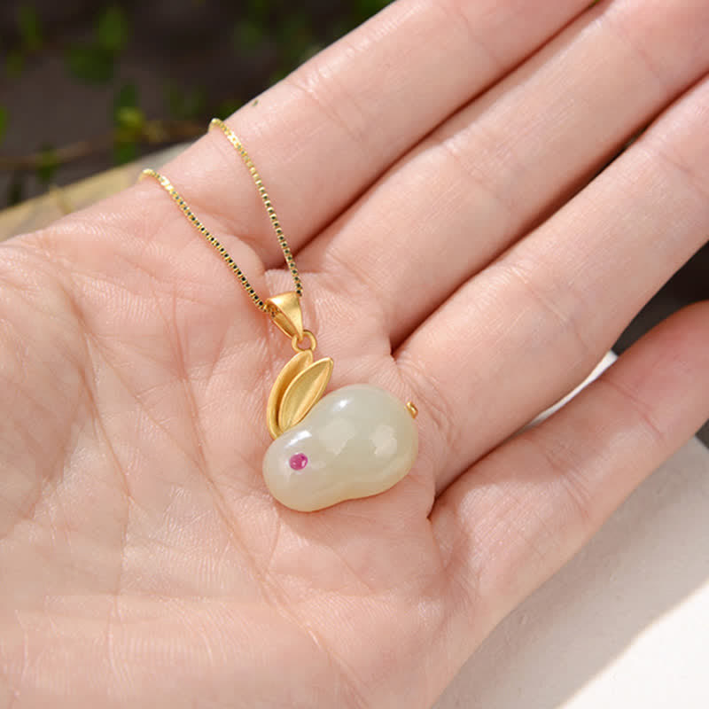 Buddha Stones 925 Srebro Sterling Rok Królika Hetian Jade Pierścień Szczęścia Kolczyki Naszyjnik Wisiorek