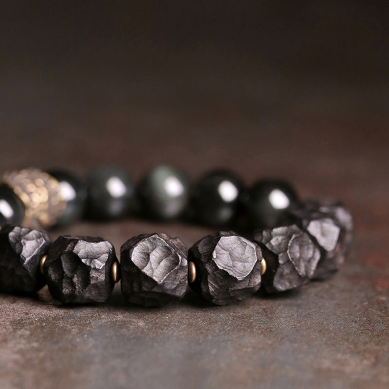 Buddha Stones Czarny Obsydian Drewno Hebanowe Miedź Siła Para Bransoletka