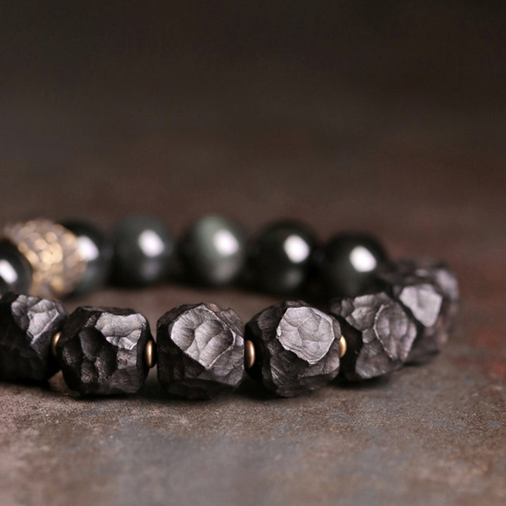 Buddha Stones Czarny Obsydian Drewno Hebanowe Miedź Siła Para Bransoletka