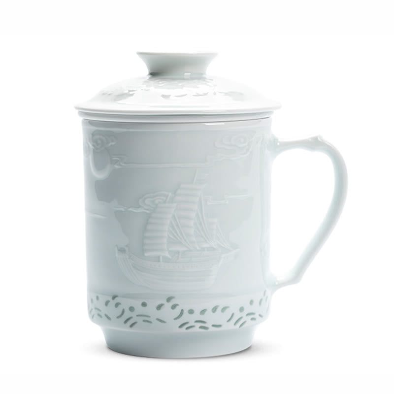 Buddha Stones Jingdezhen Linglong Porcelana Pomyślny Smok Feniks Łódź Gładkie żeglowanie Ceramiczna filiżanka do herbaty Biurowe filiżanki do herbaty 420 ml