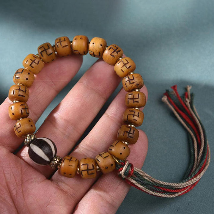 Buddha Stones naturalne tybetańskie kości wielbłąda swastyka Dzi koralik Shankha wisiorek buddy Kirtimukha ochrona szczęścia bransoletka z frędzlami