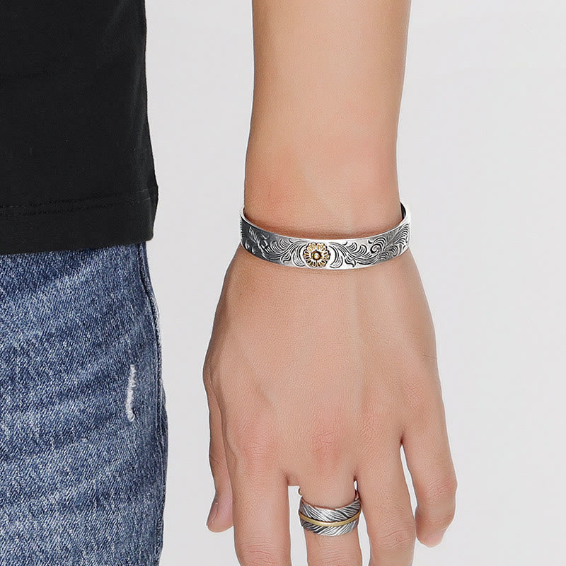 Buddha Stones Dynastia Tang Kwiat Projekt Róży Kwiat Pióro Rzeźbiona Miedziana Bransoletka Szczęścia Bangle