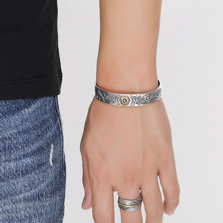 Buddha Stones Dynastia Tang Kwiat Projekt Róży Kwiat Pióro Rzeźbiona Miedziana Bransoletka Szczęścia Bangle