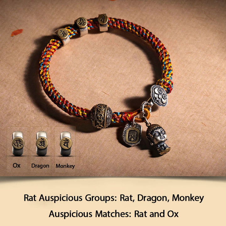 Buddha Stones Ręcznie robione Tybetańskie 925 Srebro Chiński Zodiak Natal Budda Zakiram Bogini Ochrony Bogactwa Wielokolorowa Bransoletka Pleciona Lina