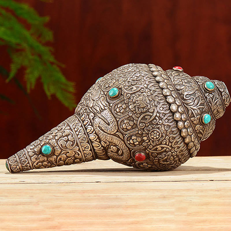 Tybetańska ręcznie robiona naturalna Shankha z ośmioma pomyślnymi symbolami, muszla Conch, szczęśliwa dekoracja domu