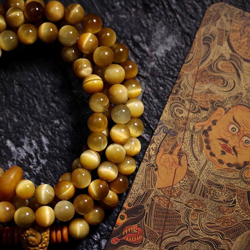 Buddha Stones 108 Mala Koraliki Naturalne Tygrysie Oko Miedź Dorje Ochrona Bransoletka z Chwostem