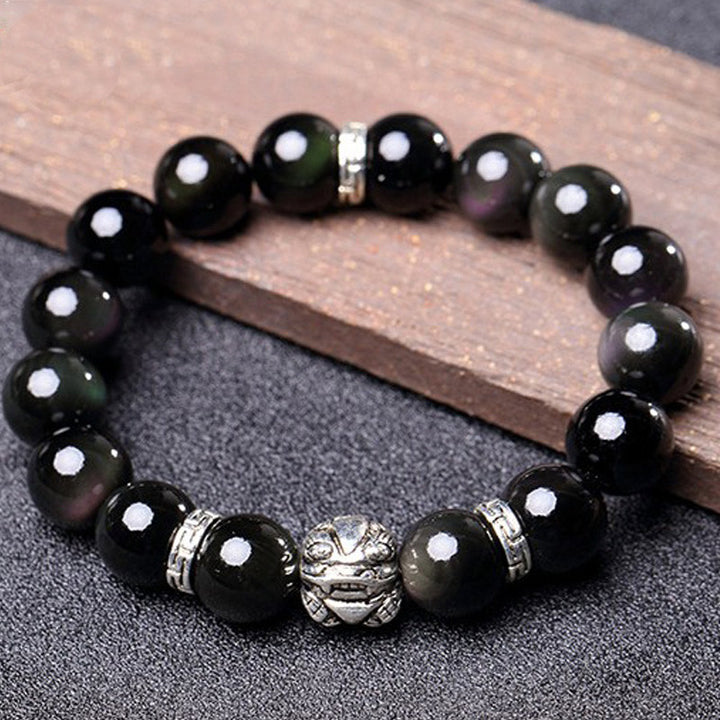 Buddha Stones Bransoletka błogosławieństwa FengShui z naturalnego tęczowego obsydianu PiXiu