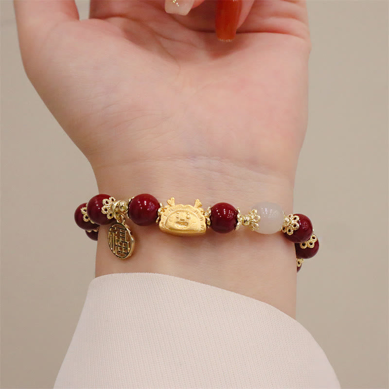 Buddha Stones Rok Smoka Czerwony Agat Kwarc Truskawkowy Czarny Obsydian Jadeit Granat Perła Cynober Pierożek Smok Szczęście Fu Bransoletka - image 36
