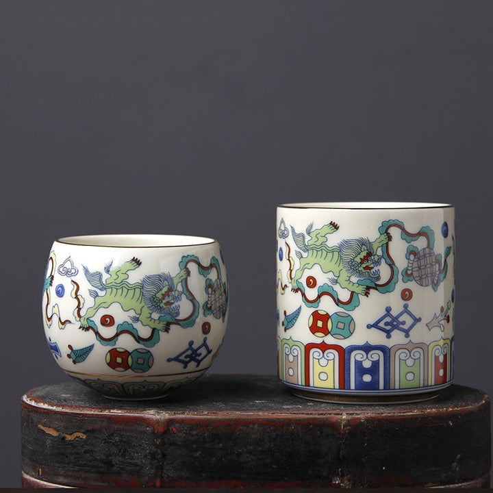 Buddha Stones Ceramiczne filiżanki do herbaty Vintage Plum Blossom Pine Bamboo Phoenix Kirin Lion Dancing