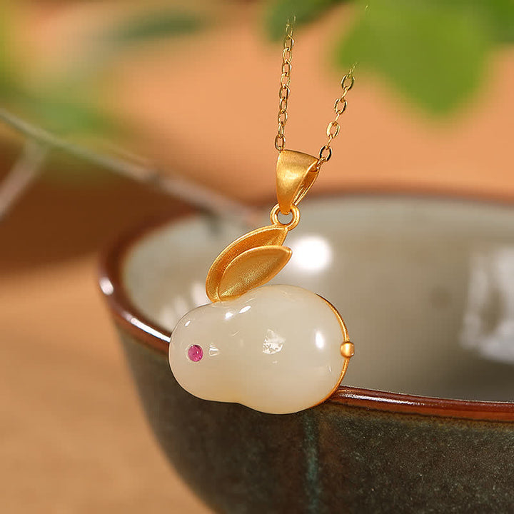 Buddha Stones 925 Srebro Sterling Rok Królika Hetian Jade Pierścień Szczęścia Kolczyki Naszyjnik Wisiorek