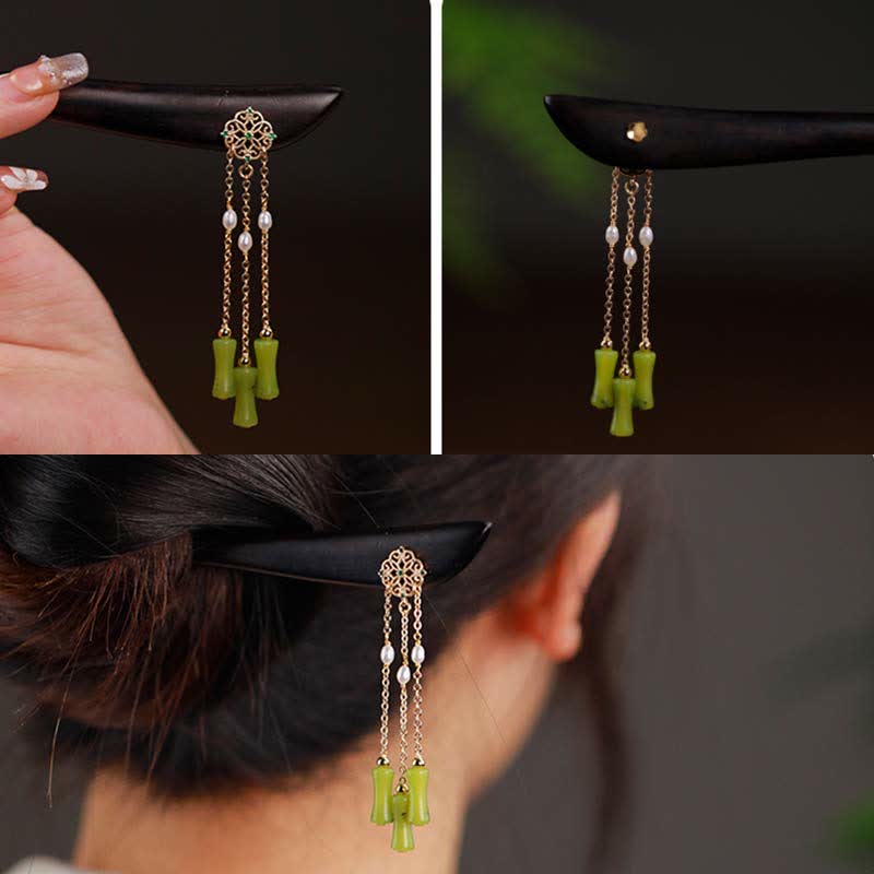 Buddha Stones Naturalny Peridot Drewno Hebanowe Miłość Frędzle Spinka Do Włosów
