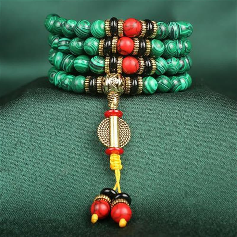 Buddha Stones Tybetańskie 108 Mala Malachite Koraliki Bransoletka Naszyjnik