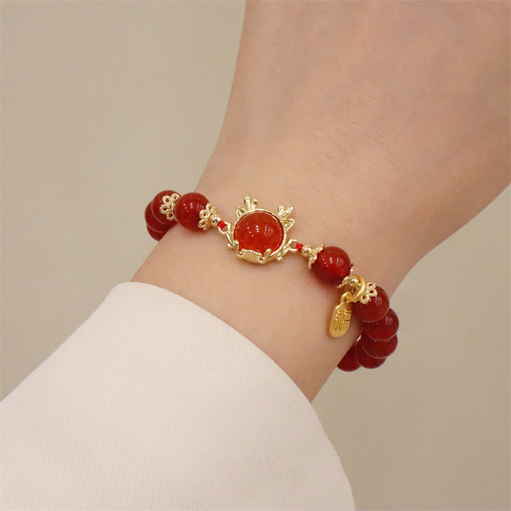 Buddha Stones Rok Smoka Czerwony Agat Jadeit Klamra Pokoju Fu Charakter Bransoletka Sukcesu
