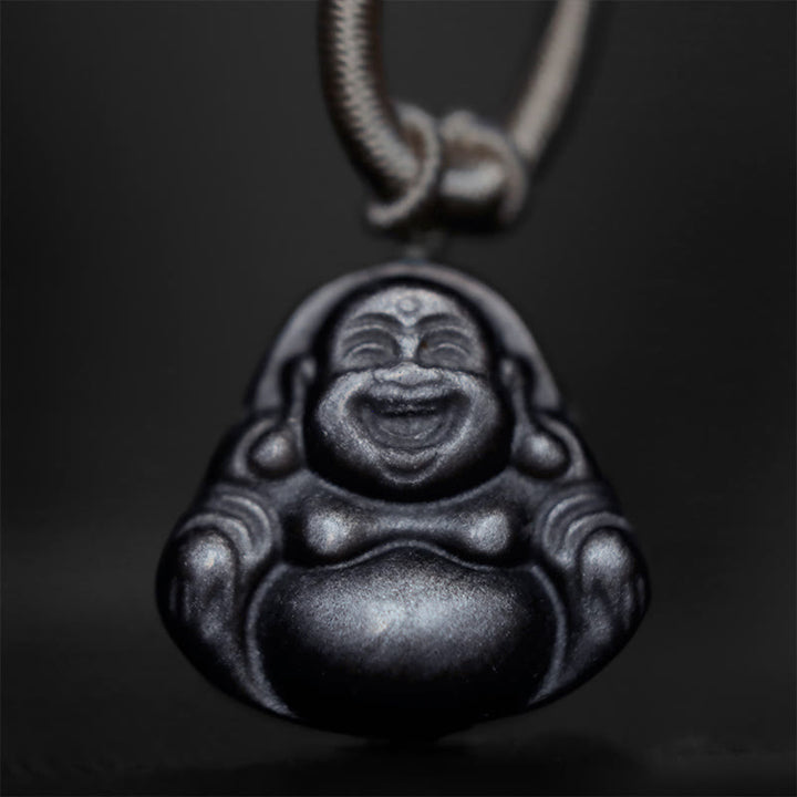 Buddha Stones Naturalny Srebrny Połysk Obsydian Śmiejący się Budda Naszyjnik Ochronny Wisiorek - image 5