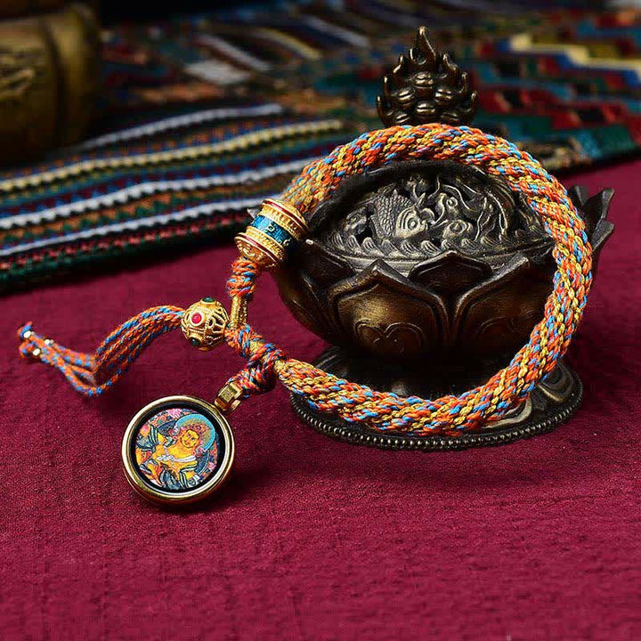 Buddha Stones Tybetańskie Ręcznie Robione Szczęście Thangka Koło Modlitewne Charm Bransoletka ze Sznurka