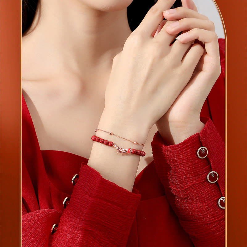 Bransoletka z podwójnym łańcuszkiem Buddha Stones 925 Sterling Silver Lucky Koi Fish Cinnabar Zircon Prosperity