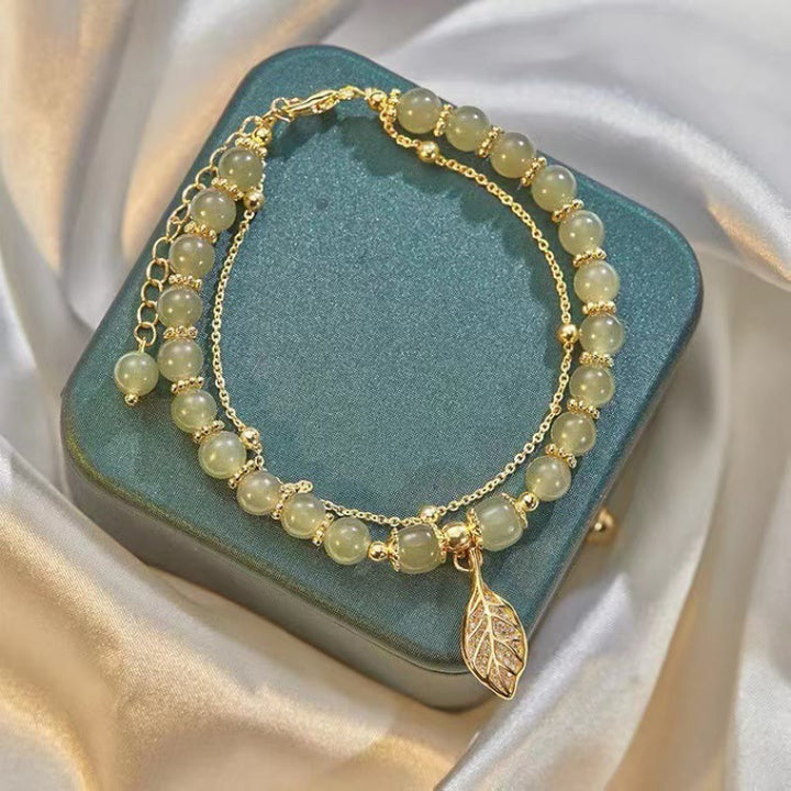 Buddha Stones Jade Liść Miłorząb Tulipan Orzeszek Fu Charakter Szczęścia Bransoletka Koralikowa