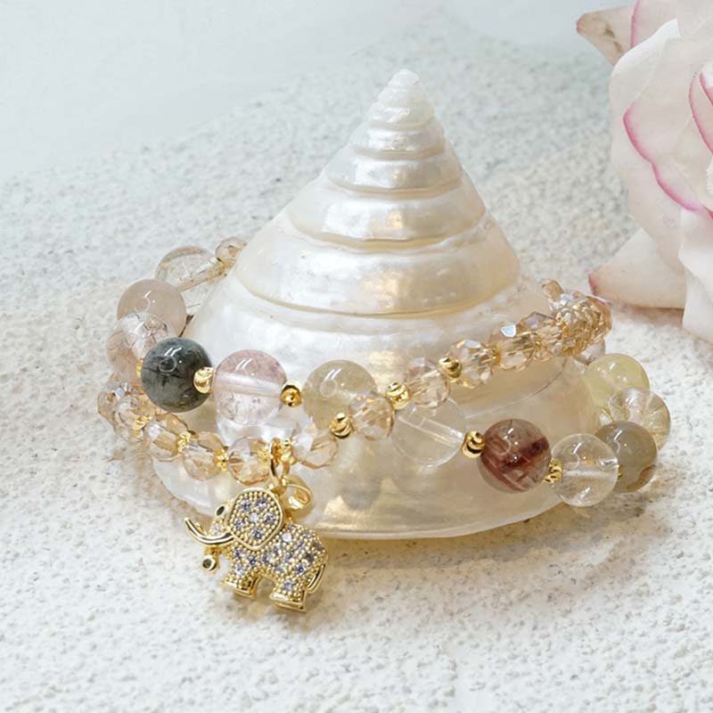 Buddha Stones Bransoletka z zawieszką z różowego kwarcu i słonia, uzdrawiająca energia