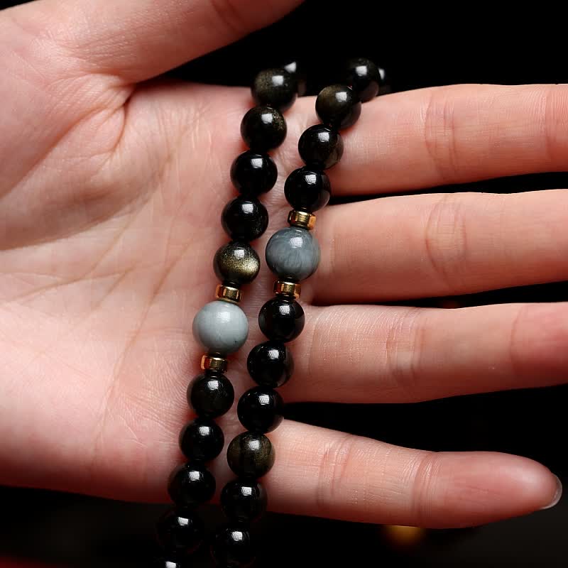 Buddha Stones 108 Mala Beads Złoty połysk Obsydian Tygrysie Oko Orle Oko Kamień Bransoletka Bogactwa